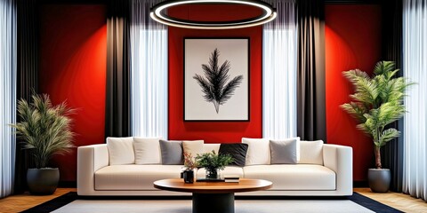 Elegant apartment living room with vibrant red walls, lush greenery