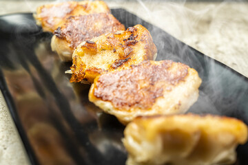 Fried chinese dim sum dumpling, gyoza, jiaozi or mandu in the plate on the table. Food for breakfast, lunch or dinner