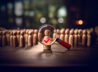 A magnifying glass focuses on a single wooden figure, marked with a check, amidst a crowd of similar figures.  This symbolizes the selection of a candidate from a pool of applicants.