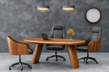 Modern Office Meeting Room with Wooden Table and Leather Chairs