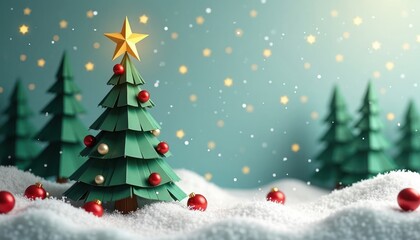Obraz premium Origami Christmas trees stand in snowy landscape. Bright festive scene features detailed paper trees with ornaments. Festive paper ornaments, stars sparkle in snowfall. Christmas wallpaper backdrop.