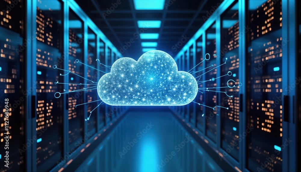 Poster Futuristic server room shows cloud data storage. Neon lights illuminate tech equipment, racks. Modern tech infrastructure in data center. Advanced networking system, future of computing. High-tech