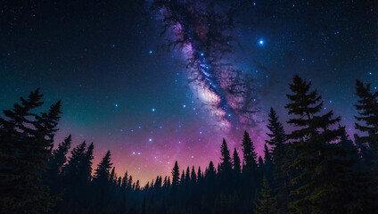 Galaxy-Themed Scene with Spiral Galaxy and Pine Forest Silhouette