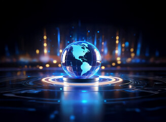A translucent glass globe hovers on a futuristic platform, surrounded by glowing, digital energy streams.  It symbolizes global connectivity and technological advancement.