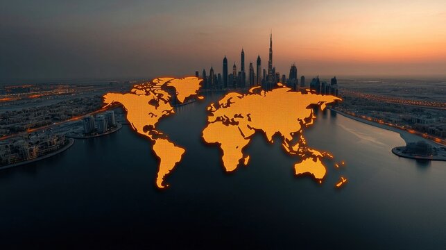 Dubai Skyline at Sunset Over Desert and Water