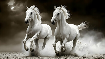 Obraz premium Majestic White Horses Galloping Freely Across Expansive Sandy Plains Under Dramatic Sky