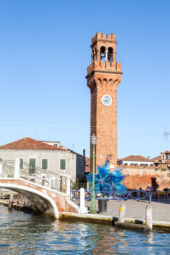 Campo Santo Stefano, canal and clocktower, Murano island, Venice, Italy