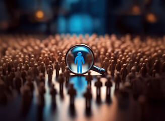 A magnifying glass focuses on a single, illuminated figure amidst a dense crowd, symbolizing the search for a specific individual or talent within a large pool of candidates.
