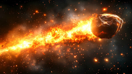 Fiery Asteroid Enters Atmosphere, Igniting Trail, Cosmic Spectacle