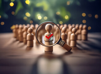 A magnifying glass focuses on a single wooden figure, marked with a check, within a crowd of similar figures.  This symbolizes the selection process, highlighting a chosen candidate from a pool of app