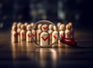 A magnifying glass focuses on a wooden figure marked with red checkmarks, signifying selection from a group of similar figures.  This symbolizes careful candidate selection or choosing the best option