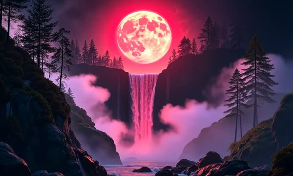 Video of a surrealistic view of an enormous glowing red moon setting behind a waterfall.