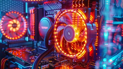 Vibrant RGB-lit PC components, showcasing a CPU cooler fan and motherboard.