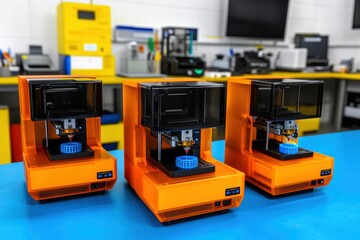 Fototapeta premium Three Orange 3D Printers Printing Blue Objects