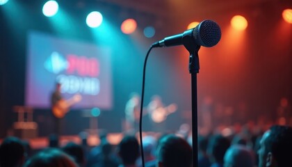 Close-up microphone stand in small concert venue. Blurred background shows musicians performing on stage. Audience members fill venue. Concert program cover partially visible behind microphone. Event