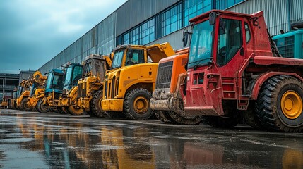 Heavy machinery parked outside a large industrial building