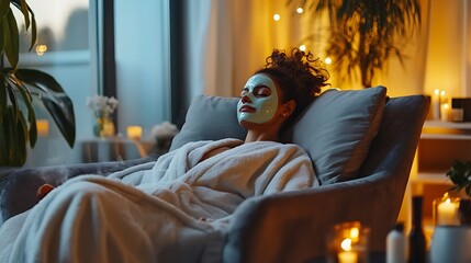 Obraz premium A person relaxing on a comfortable armchair, wearing a plush robe, with a face mask on, surrounded by candles and essential oils, promoting a self-care routine 