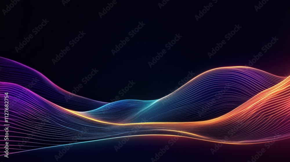Poster Dynamic abstract illustration displays flowing lines. Colorful glowing lines create wave pattern. Dark background enhances vibrant colors. Futuristic design evokes energy, motion. Illustration