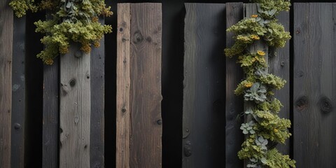 Weathered wooden planks on a black background with lichen growth, rustic, texture, lichen