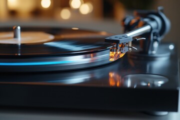 This image showcases a close-up view of a classic vinyl record player, highlighting the intricate details of the turntable and the needle in action, evoking nostalgia.