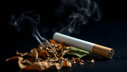 Cigarette and smoking tobacco leaves on a dark background. Unhealthy habits isolated with white highlights, png