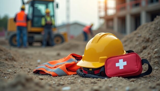 Construction site safety gear lies on ground. Yellow hard hat orange vest, red first aid kit symbolize safety, preparedness. Workers in background. Site active. Ready for emergencies. Protection
