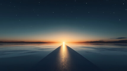 Eon corridor stretching to the horizon, clear night sky without clouds, reflection of light on the wet surface of the road ai generative.. Eon. Illustration