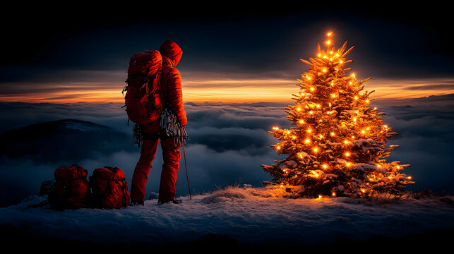 Climber Contemplates Festive Mountaintop View at Sunset