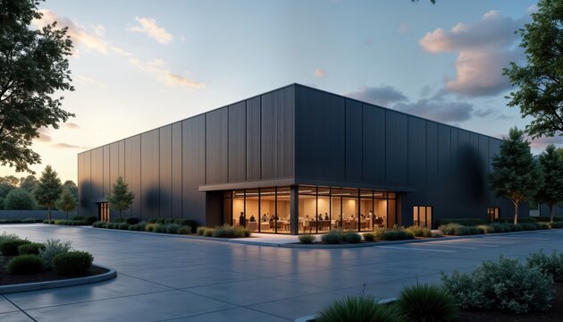 Modern warehouse exterior with small office unit. Dusk light falls on large dark building with section of glass office space. People inside office area. Parking area, landscaping surround building.
