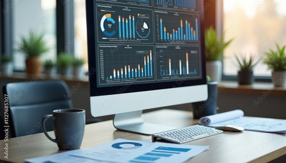 Poster modern office workspace with computer displaying charts, graphs. reports on desk. pro tech environme