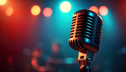 Retro microphone on stage. Colorful spotlights illuminate mic, blurred background. Live performance setting suggested. Vintage audio equipment at music event karaoke. Retro audio equipment featured