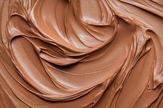 Close-up of creamy mocha or chocolate mousse smooth texture with elegant wave-like patterns. Rich texture of the dessert. Mocha mousse, color of the year. Background