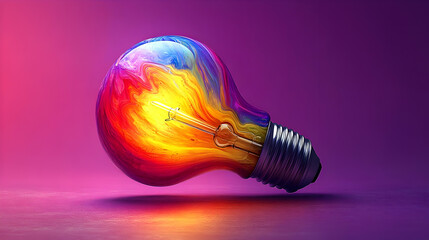 Vibrant Lightbulb: Colorful Swirls, Glowing Brightly, Creative Inspiration