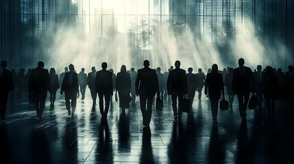 Silhouetted Figures Walk Towards Light in Modern Building