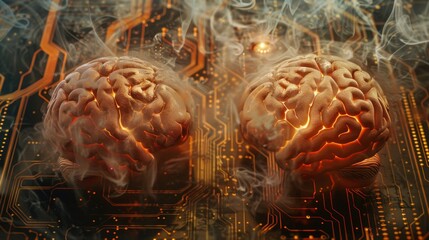 Fototapeta premium Big data and artificial intelligence concept. Human brain glowing from processor, symbolizing the fusion of human intelligence and machine learning capabilities. Evolution of technology of data.