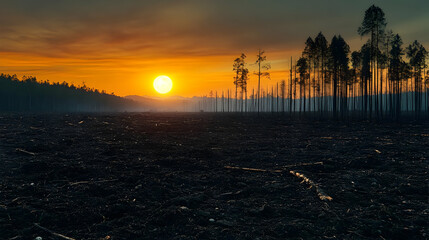 Fototapeta premium Sunset Over Deforested Land: A Haunting Landscape at Dusk