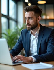 Fototapeta premium Man works on laptop in modern office. Focused businessman sits at desk with laptop. Natural light illuminates modern setting. Green plants create eco atmosphere. Pro attire suggests corporate