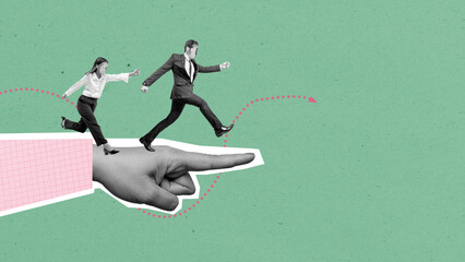 Two business people walking on the human hand with the gesture of pointing ahead on a colored...