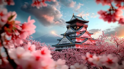 Naklejka premium Vibrant Cherry Blossoms Surround Osaka Castle