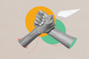 Two human hands with shaking hands gesture on a colored background © Leo Lintang