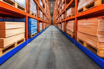 Warehouse Interior with Orange Racks and Pallets