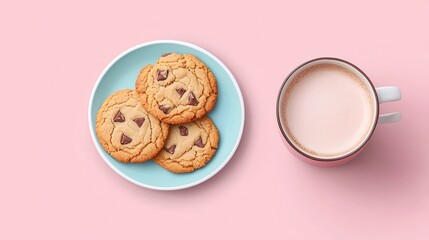 Delicious Chocolate Chip Cookies with a Cup of Milk on Pink Background