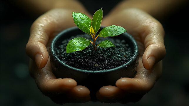 Hands Gently Hold a Sprouting Plant in Pot, New Life Growth