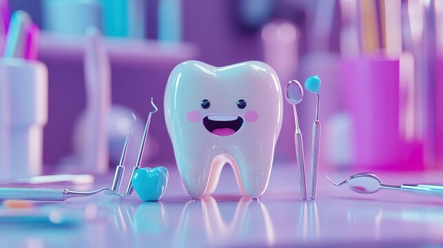 Happy cartoon tooth surrounded by colorful dental tools on reflective surface with blurred background - dentistry concept