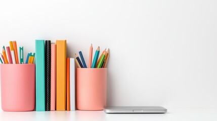 Fototapeta premium Colorful Office Desk Setup with Stationery and Notebooks on White