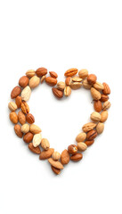Obraz premium Mixed nuts forming a heart shape isolated on white background. Top view or flat lay isolated with white highlights, png
