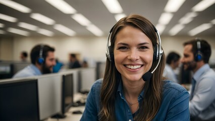 Dressed in blue, a smiling brunette telemarketing woman works as a call center operator, communicating with clients in a busy call center workspace. Tech support customer service