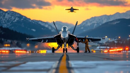 Military Fighter Jet Refueling at Airbase During Sunset