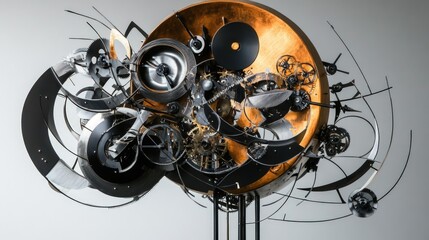 Intricate clockwork sculpture, gears, metallic, artistic.