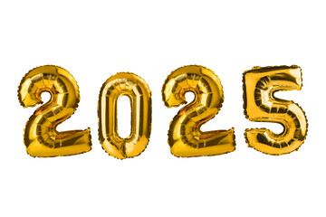 Golden helium balloon with number 2025 isolated over a white background